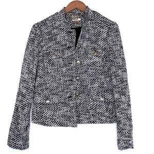 Cache tweed jacket with gold colored buttons navy and white blazer style size 8